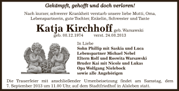 Traueranzeige von Katja Kirchhoff von Super Sonntag Bernburg