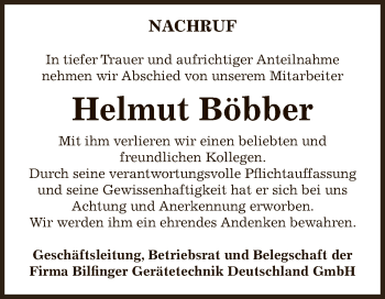 Traueranzeige von Helmut Böbber von WVG - Wochenspiegel Bitterfeld