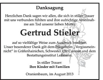 Traueranzeige von Gertrud Stieler von WVG - Wochenspiegel Wittenberg