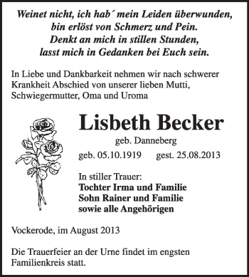 Traueranzeige von Lisbeth Becker von WVG - Wochenspiegel Wittenberg