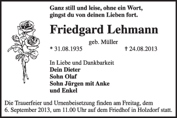 Traueranzeige von Friedgard Lehmann von WVG - Wochenspiegel Wittenberg