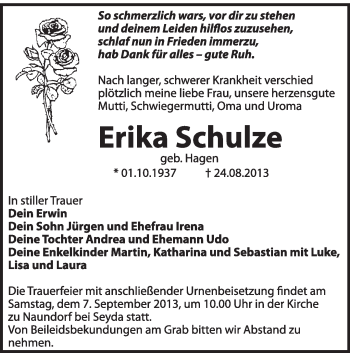 Traueranzeige von Erika Schulze von WVG - Wochenspiegel Wittenberg