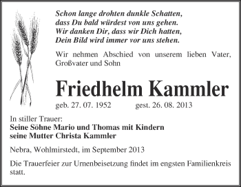 Traueranzeige von Friedhelm Kammler von WVG - Wochenspiegel NMB / WSF / ZTZ
