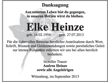 Traueranzeige von Elke Heinz von WVG - Wochenspiegel Wittenberg