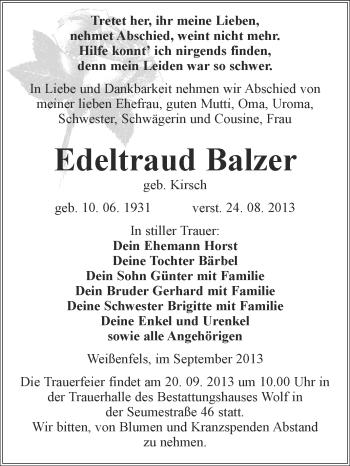 Traueranzeige von Edeltraud Balzer von WVG - Wochenspiegel NMB / WSF / ZTZ