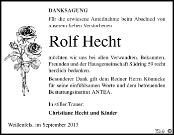 Traueranzeige von Rolf Hecht von WVG - Wochenspiegel NMB / WSF / ZTZ