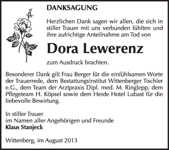 Traueranzeige von Dora Lewerenz von WVG - Wochenspiegel Wittenberg