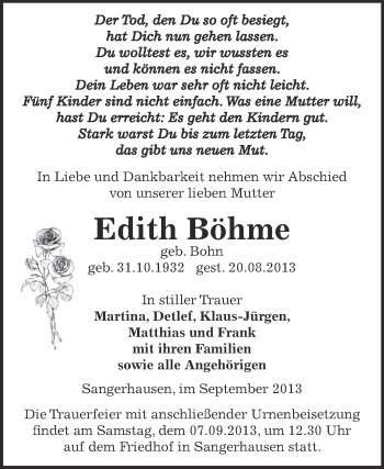Traueranzeige von Edith Böhme von WVG - Wochenspiegel SGH