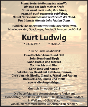 Traueranzeige von Kurt Ludwig von Super Sonntag Dessau / Köthen