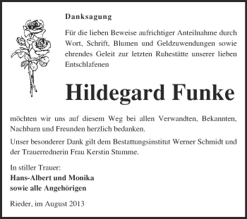 Traueranzeige von Hildegard Funke von WVG - Wochenspiegel Quedlinburg