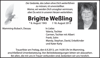 Traueranzeige von Brigitte Weßling von Super Sonntag Dessau / Köthen