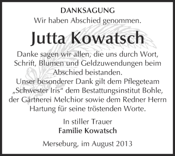 Traueranzeige von Jutta Kowatsch von Super Sonntag Merseburg