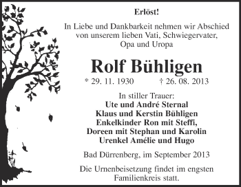 Traueranzeige von Rolf Bühligen von Super Sonntag Merseburg