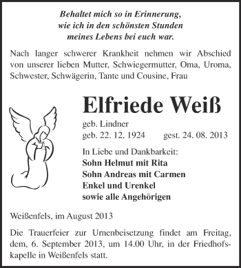 Traueranzeige von Elfriede Weiß von Super Sonntag Merseburg