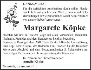 Traueranzeige von Margarete Köpke von WVG - Wochenspiegel Quedlinburg
