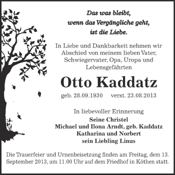 Traueranzeige von Otto Kaddatz von WVG - Wochenspiegel Dessau / Köthen