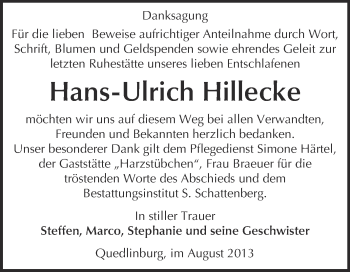 Traueranzeige von Hans-Ulrich Hillecke von WVG - Wochenspiegel Quedlinburg