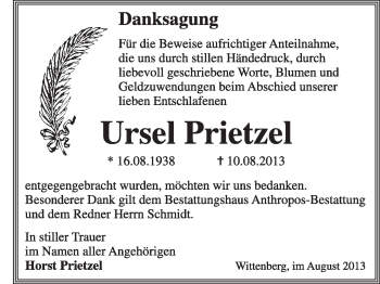 Traueranzeige von Ursel Prietzel von Super Sonntag Wittenberg