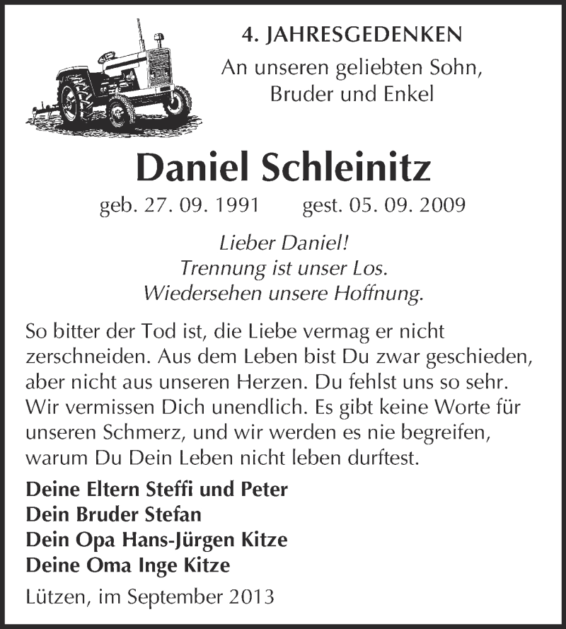  Traueranzeige für Daniel Schleinitz vom 04.09.2013 aus Super Sonntag Merseburg