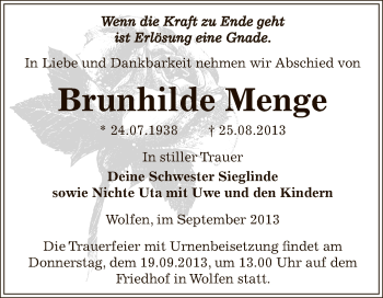 Traueranzeige von Brunhilde Menge von WVG - Wochenspiegel Bitterfeld