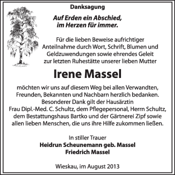 Traueranzeige von Irene Massel von Super Sonntag Dessau / Köthen
