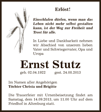Traueranzeige von Ernst Stutz von Super Sonntag Bernburg