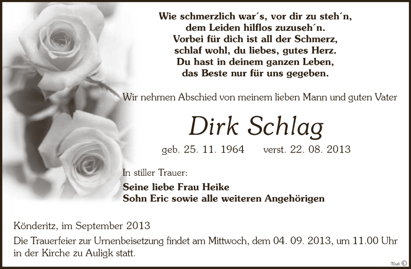  Traueranzeige für Dirk Schlag vom 01.09.2013 aus Super Sonntag Zeitz
