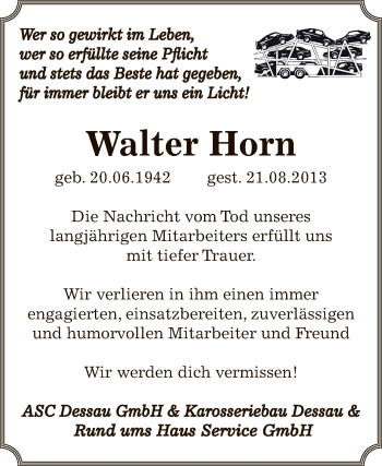 Traueranzeige von Walter Horn von WVG - Wochenspiegel Dessau / Köthen
