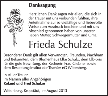Traueranzeige von Frieda Schulze von WVG - Wochenspiegel Wittenberg
