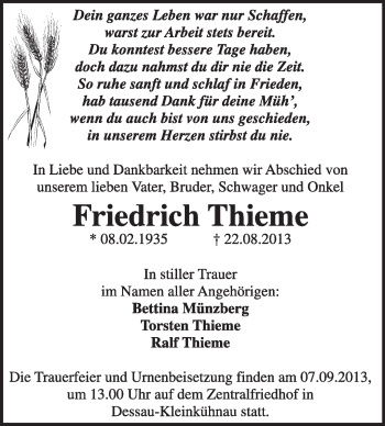 Traueranzeige von Friedrich Thieme von Super Sonntag Dessau / Köthen