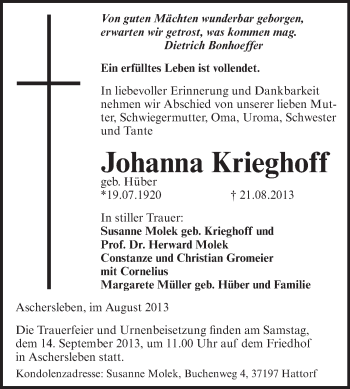 Traueranzeige von Johanna Krieghoff von WVG - Wochenspiegel Aschersleben