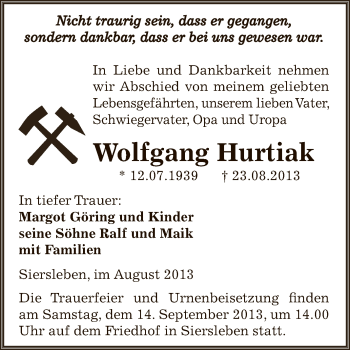 Traueranzeige von Wolfgang Hurtiak von Wochenspiegel Mansfelder Land