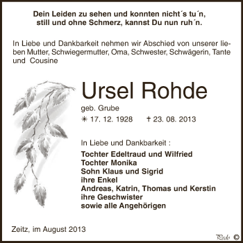 Traueranzeige von Ursel Rohde von Super Sonntag Zeitz