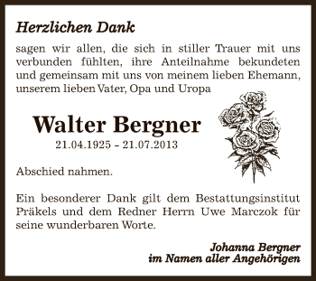 Traueranzeige von Walter Bergner von Super Sonntag Zeitz
