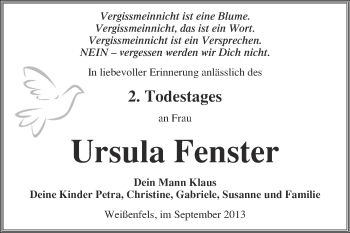 Traueranzeige von Ursula Fenster von WVG - Wochenspiegel NMB / WSF / ZTZ