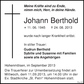 Traueranzeige von Johann Berthold von WVG - Wochenspiegel NMB / WSF / ZTZ