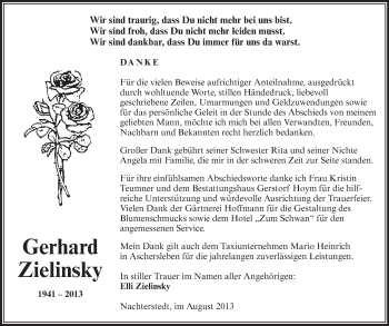 Traueranzeige von Gerhard Zielinsky von WVG - Wochenspiegel Aschersleben