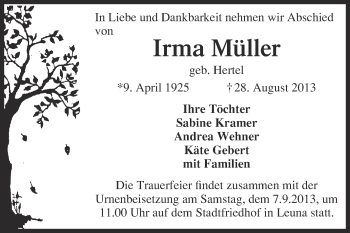 Traueranzeige von Irma Müller von Super Sonntag Merseburg