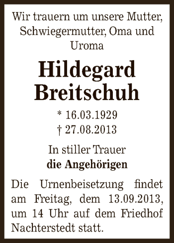 Traueranzeige von Hildegard Breitschuh von Super Sonntag Bernburg