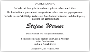Traueranzeige von Stefan Werner von Super Sonntag Merseburg