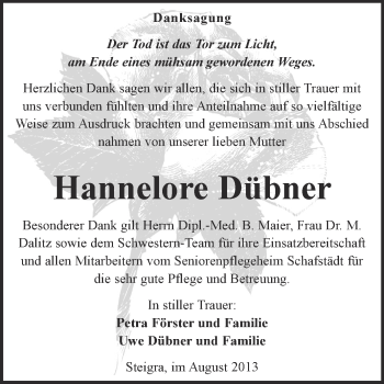 Traueranzeige von Hannelore Dübner von Super Sonntag Merseburg