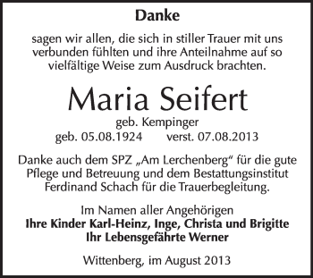 Traueranzeige von Maria Seifert von Super Sonntag Wittenberg
