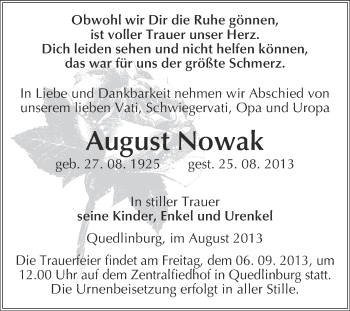 Traueranzeige von August Nowak von WVG - Wochenspiegel Quedlinburg