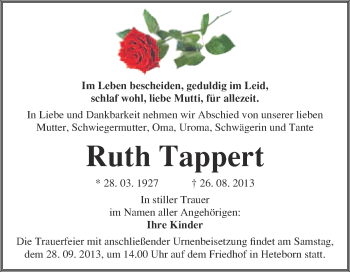 Traueranzeige von Ruth Tappert von WVG - Wochenspiegel Quedlinburg