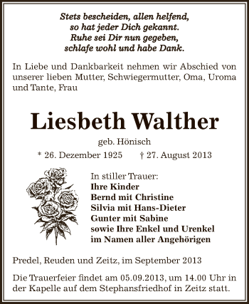 Traueranzeige von Liesbeth Walther von Super Sonntag Zeitz
