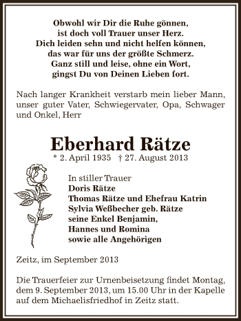 Traueranzeige von Eberhard Rätze von Super Sonntag Zeitz