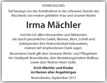Traueranzeige von Irma Mächler von WVG - Wochenspiegel Merseburg