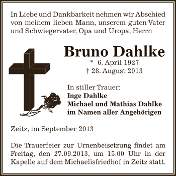 Traueranzeige von Bruno Dahlke von Super Sonntag Zeitz