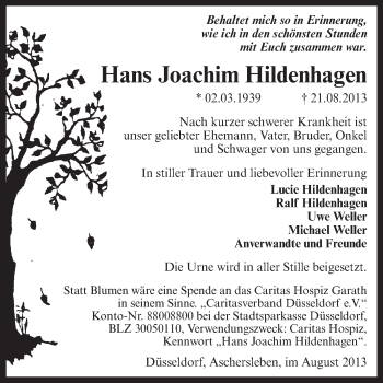 Traueranzeige von Hans Joachim Hildenhagen von WVG - Wochenspiegel Aschersleben