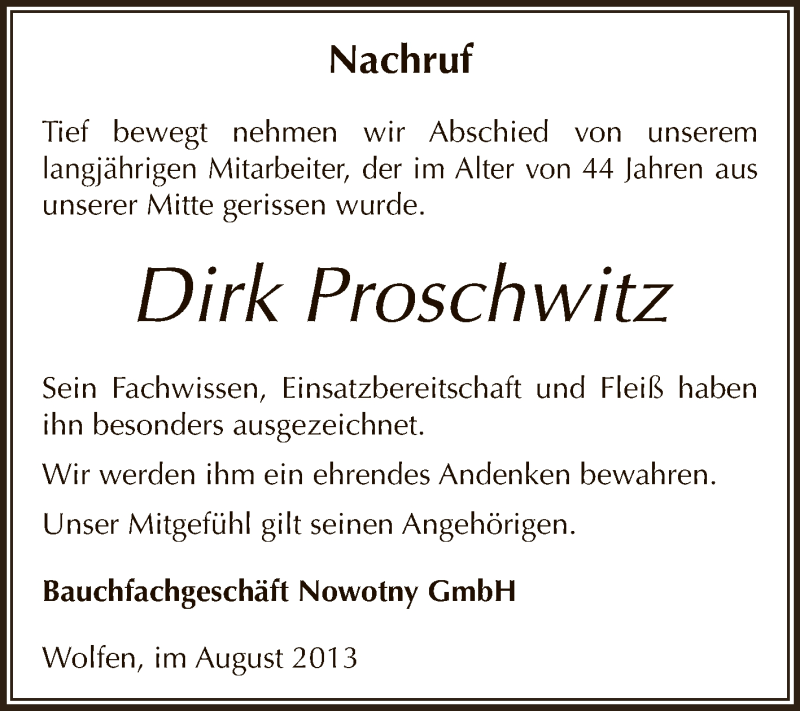  Traueranzeige für Dirk Proschwitz vom 04.09.2013 aus WVG - Wochenspiegel Bitterfeld